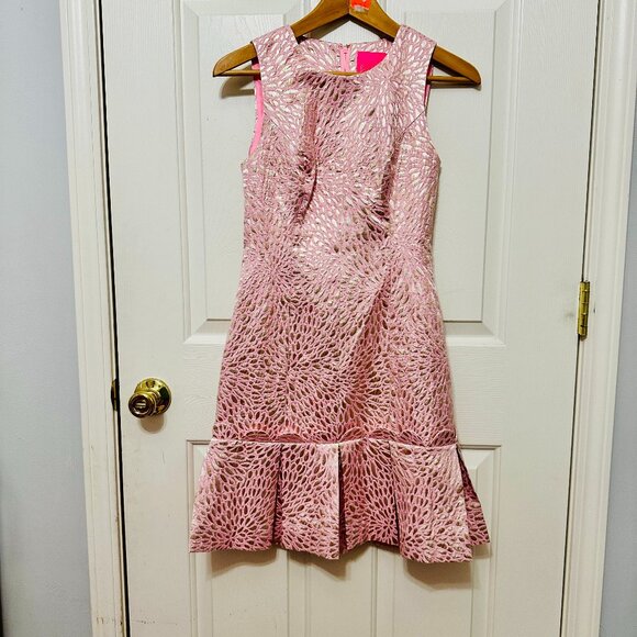 LILLY PULITZER ABREE PEPLUM DRESS  METALLIC PROSECCO PINK LAGOON JACQUARD - Picture 2 of 9